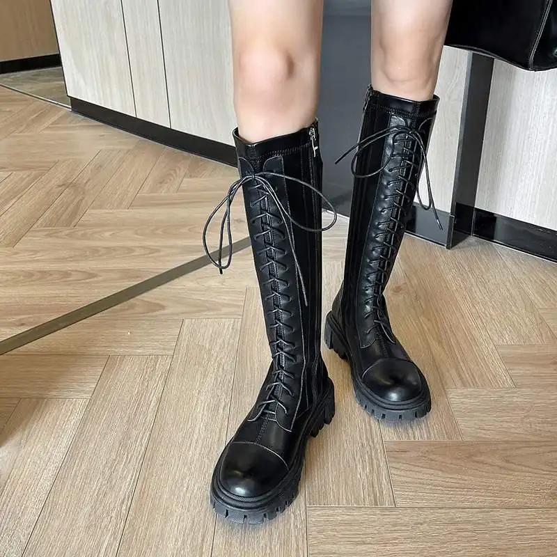 Online Sepatu Bot Krazing Pot Kulit Sapi Berkendara Ksatria Ujung Bulat Musim Dingin Diikat Silang Tetap Hangat Merek Dasar Med Heels Sepatu Bot Setinggi Lutut Tampan