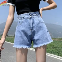summer 2021 new womens denim shorts high waist wide leg loose burrs sky blue street style sequined buttons jean shorts female