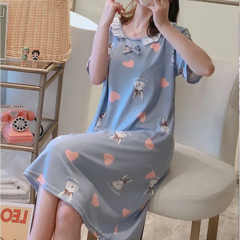 

Nightgowns Women Sweet Ruffles Short Sleeve Cartoon-printed Summer Sleepwear Student Comfortable Sleepshirts Casual Soft Tide
