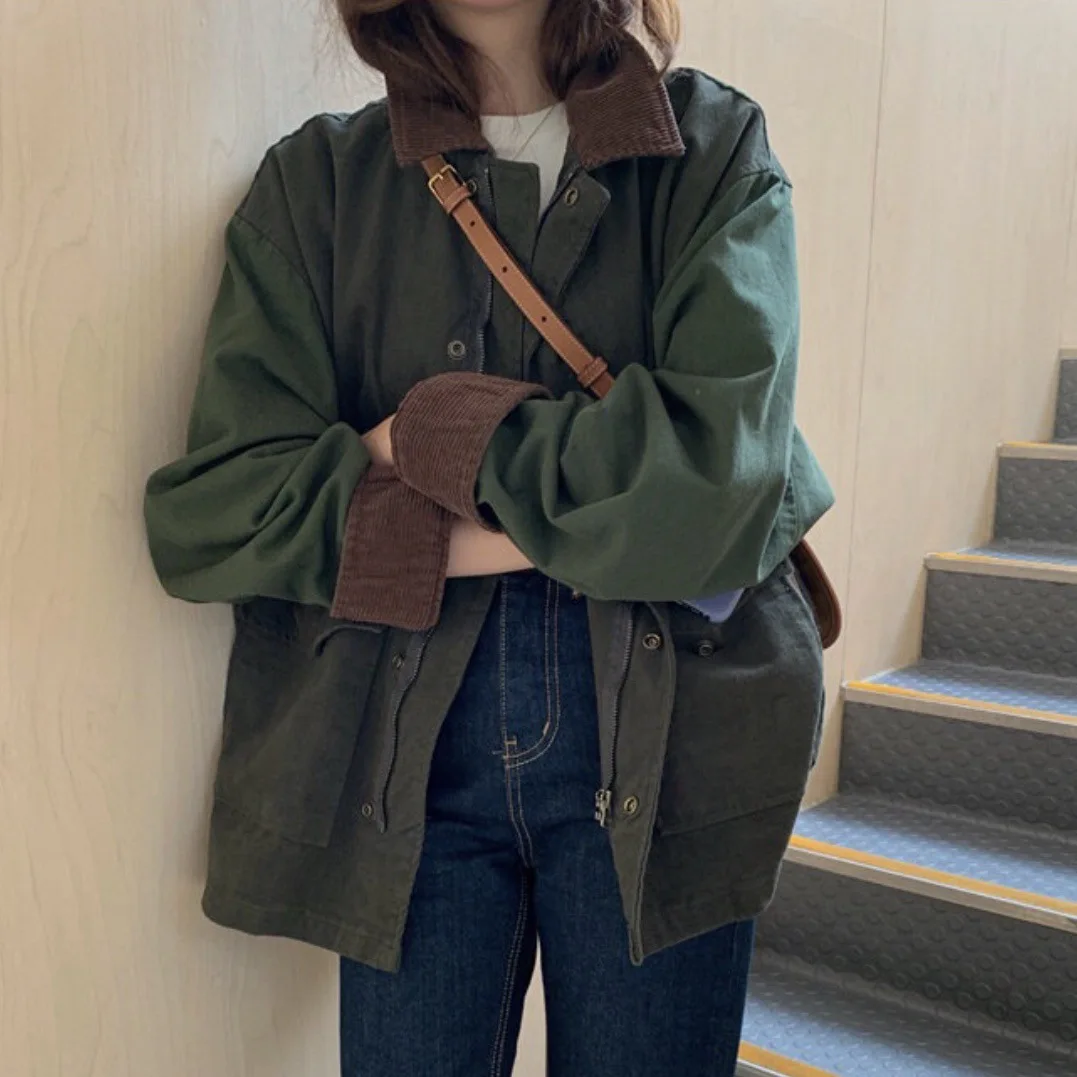 

Vintage Jacket Women 2021 Autumn Loose Coat Turn Down Collar Zipper Buttons Pockets Overcoat Casual Cargo Jacket Y2k Outerwear