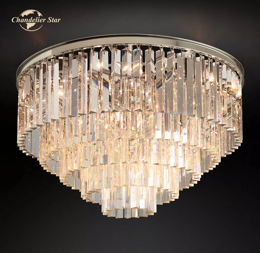 

1920s Odeon Flushmount Modern LED K9 Crystal Metal Brass Chrome Black Tiers Ceiling Chandelier Bedroom Living Room Lamps Lustre