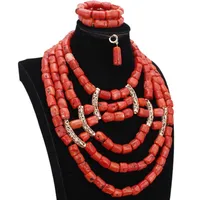 Dudo Sore African Coral Necklace Set 12mm Nature Coral Beads Nigerian Wedding Jewellery Set With Gold Divider Bridal 3 Pieces