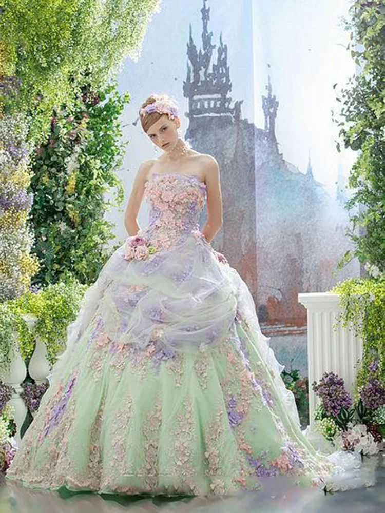 Colorful Flower Ball Gown Wedding Dresses Lace Applique Tulle Covered Lace Up Back Bridal Gowns Strapless Custom Made Wedding Dr