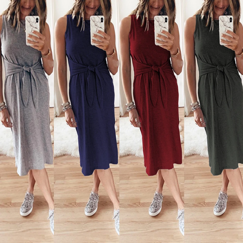 

High Quality Bandage Gathered Dress Front Knot Sukienka Casual Summer Dress Women Sleeveless Solid Color Travel Midi Dress Plain