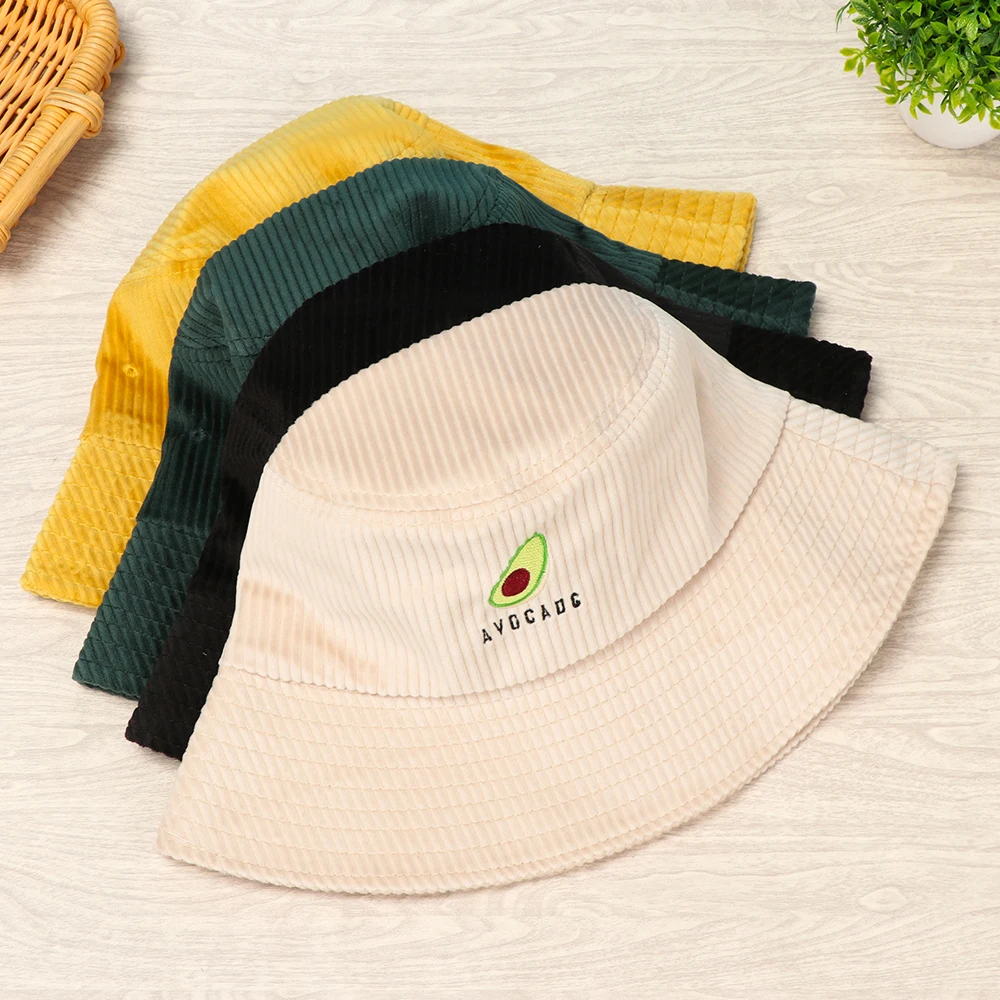 

1X Embroidery Fisherman Hat Autumn Winter Avocado Corduroy Large Brim Sun Prevent Bucket Hats Outdoor Travel Fishing Hunting Cap