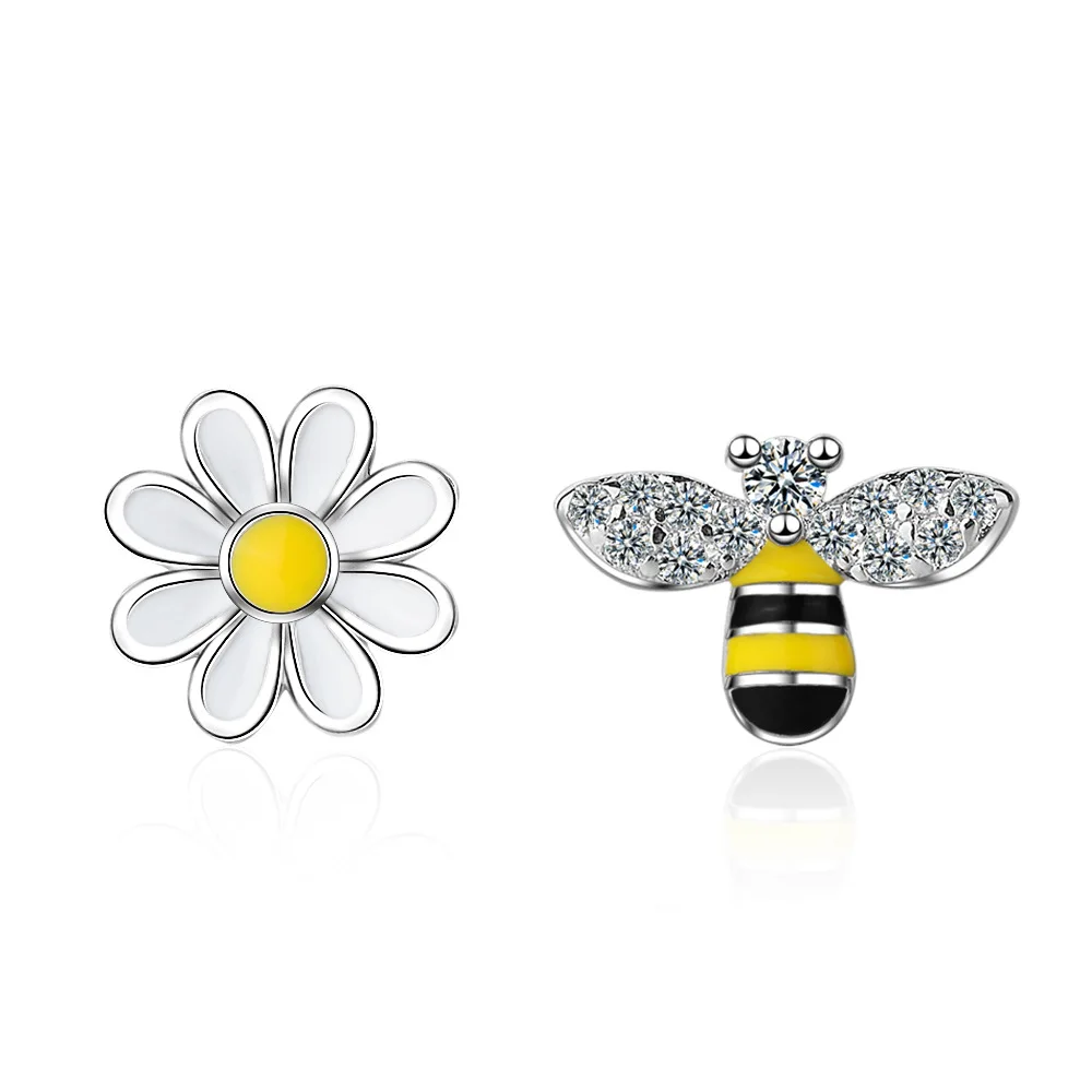

925 Sterling Silver Asymmetry Crystal Bee Flower Stud Earrings For Women Prevent Allergy Party Jewelry Accessories EH741