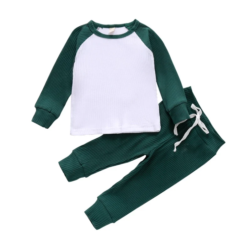 

Autumn New Children's Clothing Knitted Pit Stripe Contrast Color Blouse Long Sleeves Trousers Two-piece Suit