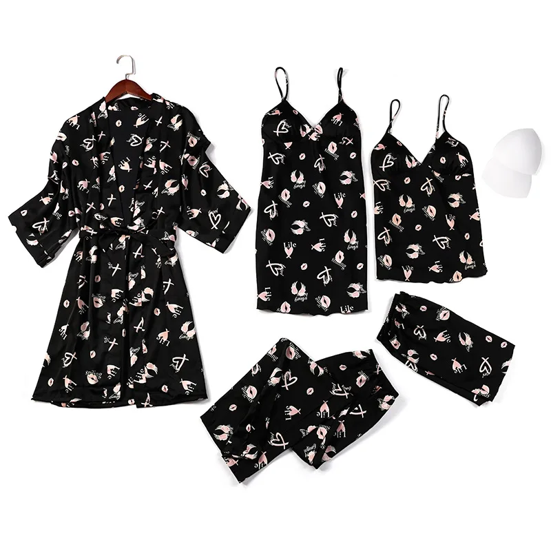 

Комплект пижамный женский атласный из 5 предметов, пикантное нижнее белье с принтом, шелковая одежда для сна, ночная рубашка, на весну-лето