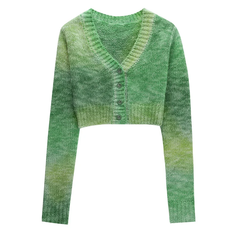 

WannaThis Knitted Y2K Tie Dye Blouse Women Sexy Long Sleeves Button V-Neck Cute Cropped Top Sexy Casual Women's Blouse Tops 2021