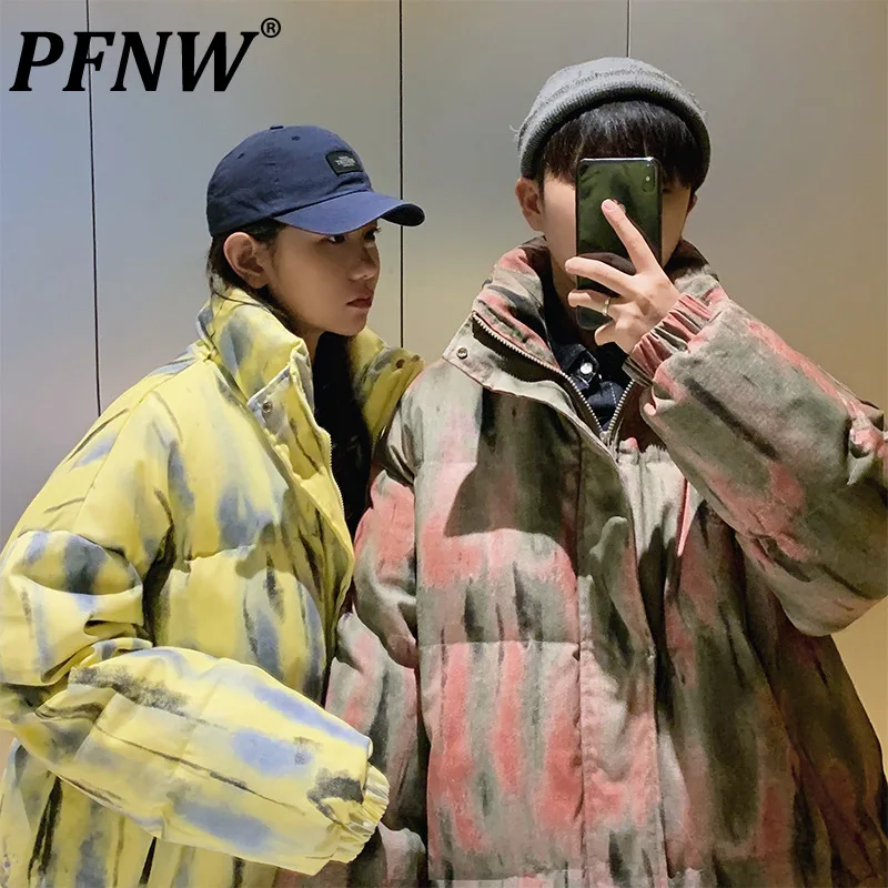 

PFNW 2021 Winter New Tie Dyed Stand Collar Loose Cotton Coats Men's Bread Clothes Fashion Parkas Couple Jacket Teens Tide 2X1104