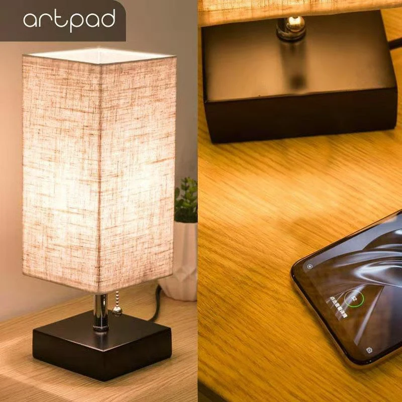 

Modern Design Bedside Table Lamps with EU plug Charging Port Wood Base Fabric Square Table Light Bedroom Study Lighting