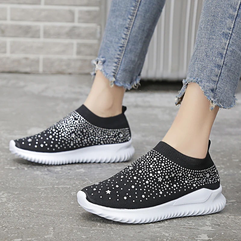 

2020 Spring Summer Loafers Flats Shoes for Women Casual Mesh Slip on Female Breathable Crystal Flats Plus Size 35-43