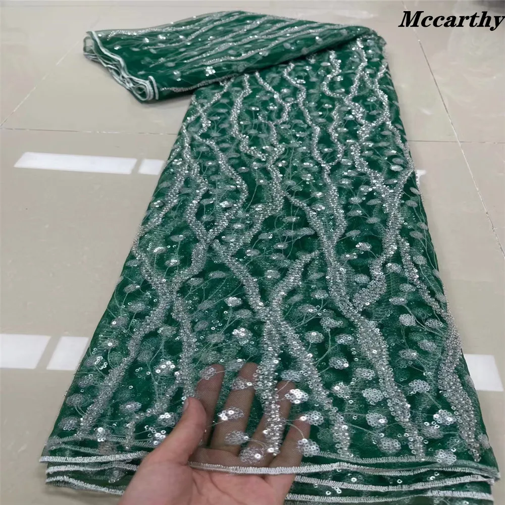 

Green sequence Nigerian sequins+Beads net lace 2021 high quality African tulle mesh Aso Ebi lace fabric for dress 5yards/lot