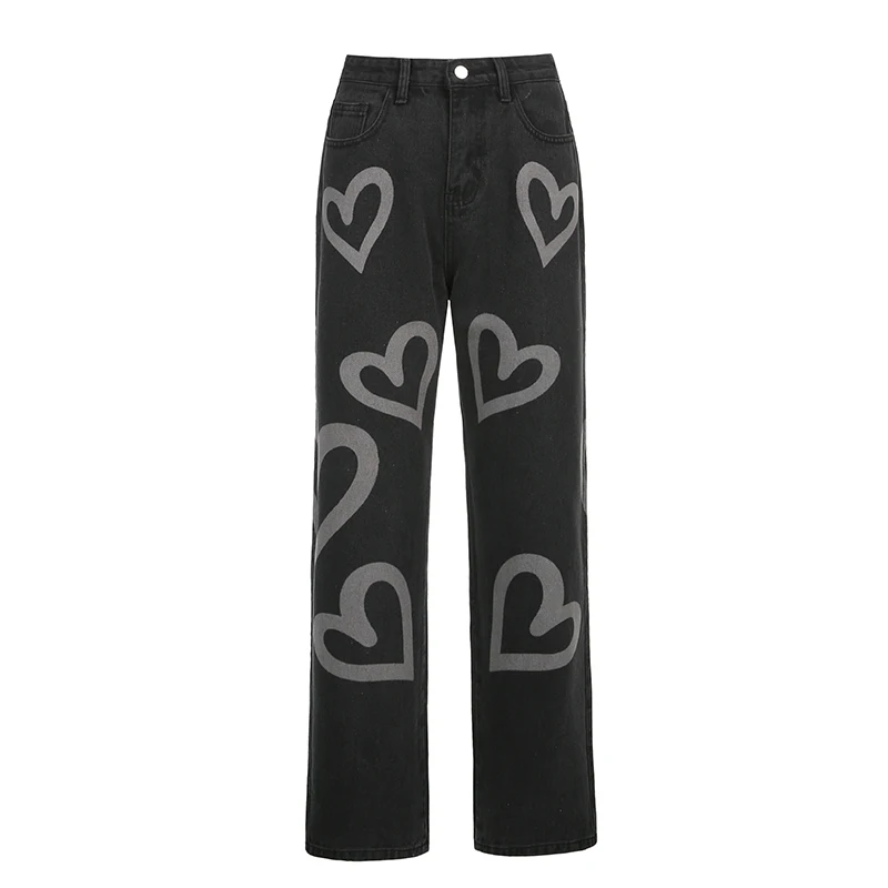

Vintage Heart Printed Baggy Jeans Women High Waist Harajuku Aesthetic Mom Jeans Denim Streetwear 90s Trousers Cuteandpsycho