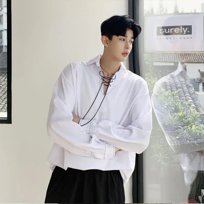 Мужская Повседневная рубашка с длинным рукавом на шнуровке|Повседневные