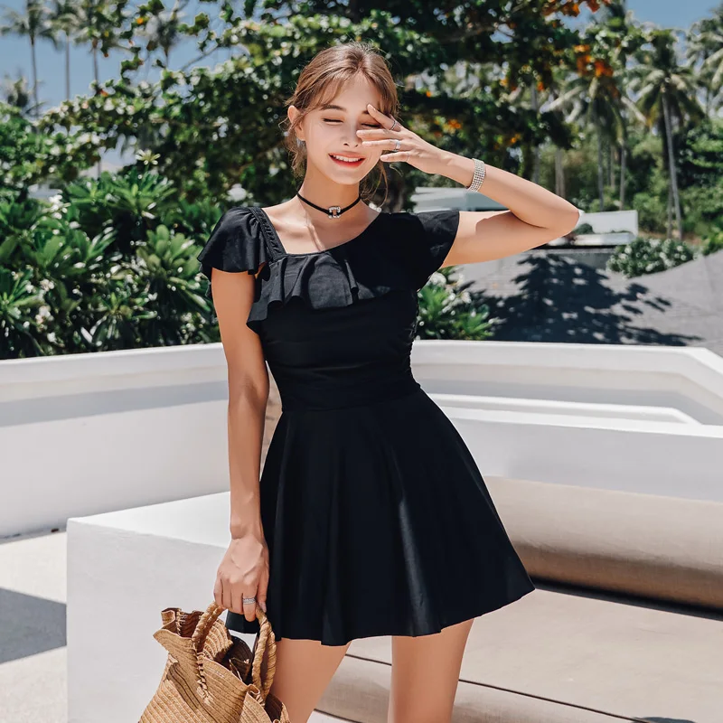 

Sanqi female swimsuit women's conservative one-piece skirt swimsuit ruffles cover belly slimming hot spring swimwear swimming