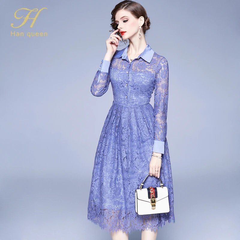 blue H Han queen, новинка, весеннее кружевное платье, модное, винтажное, открытое, для работы, повседневное, Vestidos, элегантное, тонкое, для женщин, для вечеринки, платья - Цвет: blue