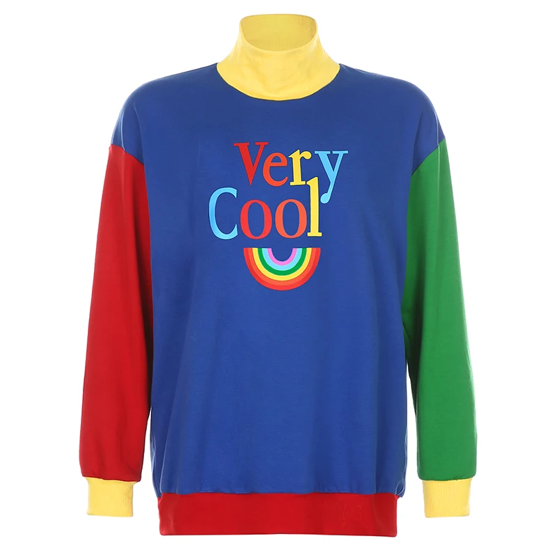 

Letter Embroidery y2k Aesthetic Sweatshirts for Women Oversized Turtleneck Patchwrok Tops Tees Streetwear Korean Cuteandpsycho
