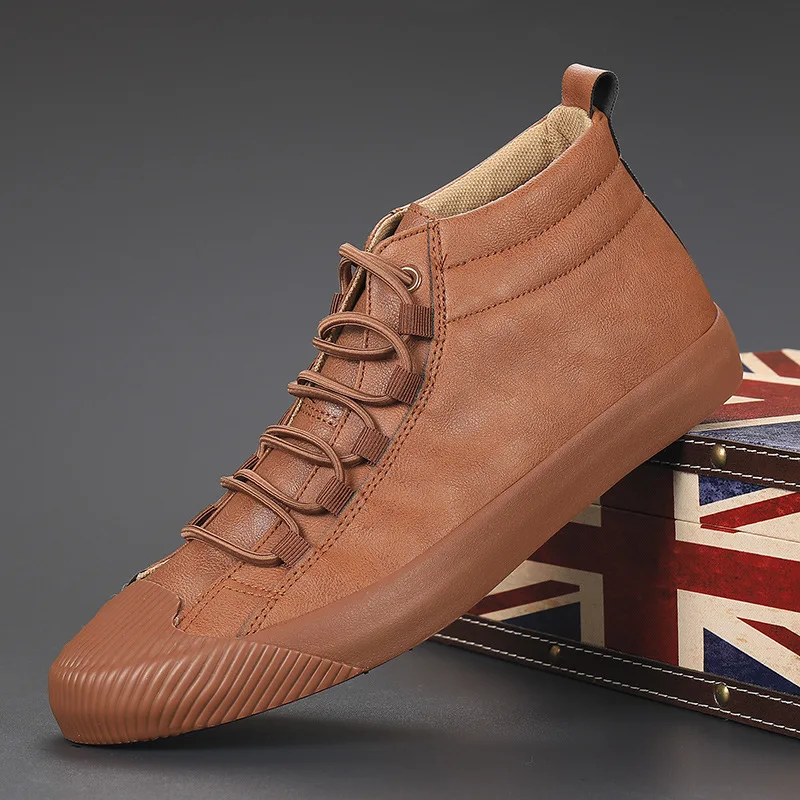 

2022 Spring Men Casual Shoes Korean Version PU Leather Vulcanized Shoes Fashion Simplicity Lace-up High Top Wearable Flats Shoes