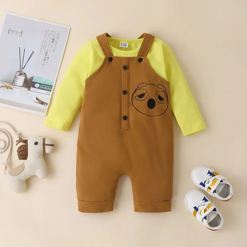 

Модная одежда, комплект одежды для маленьких девочек из 2 предметов, милые топы с длинным рукавом и надписью животных + штаны на подтяжках, Детская Одежда 0-18 месяцев