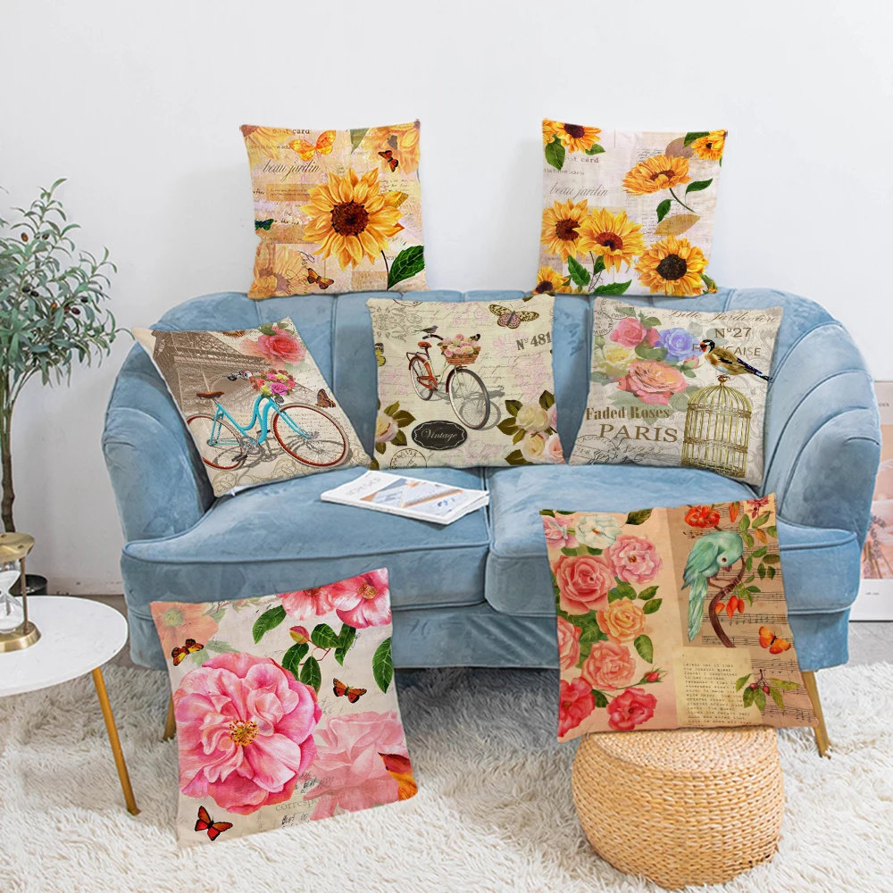 

Vintage Sunflower Pattern Cushion Cover Home Decor Rose Flower Printed Throw Pillowcases Decorative Sofa Bed Car Coussin 45x45cm