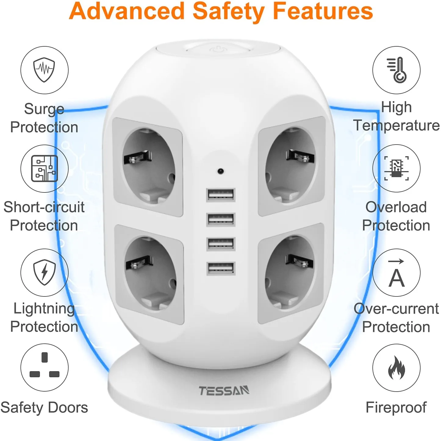 

Smart Tower Power Strip Surge Protector Vertical Multiple Electrical Sockets With 8 Way EU Outlets 4 USB Ports 2m Extension Cord