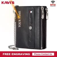free engraving 100 genuine leather men wallet coin purse small card holder portfolio portomonee male walet pocket with chain