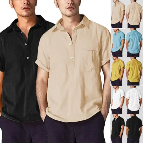 Рубашка Мужская льняная с коротким рукавом Повседневная Свободная сорочка в