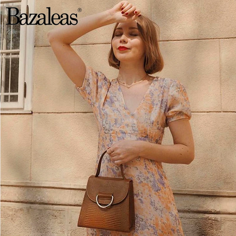 Bazaleas модное женское длинное платье с коротким рукавом фонариком повседневное