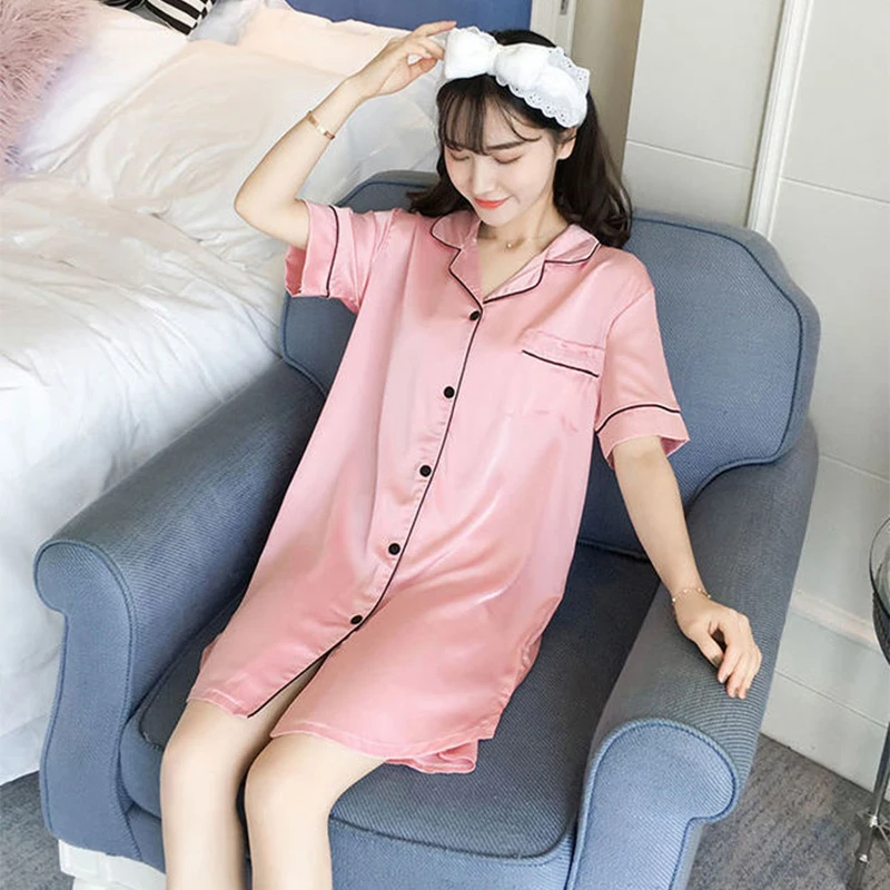 Women's Silk Satin Nightgowns Button Down Sleepshirt Short Sleeved Nightshirt Boyfriend Notch Collar Sleepwear Sleep Shirt M-2XL