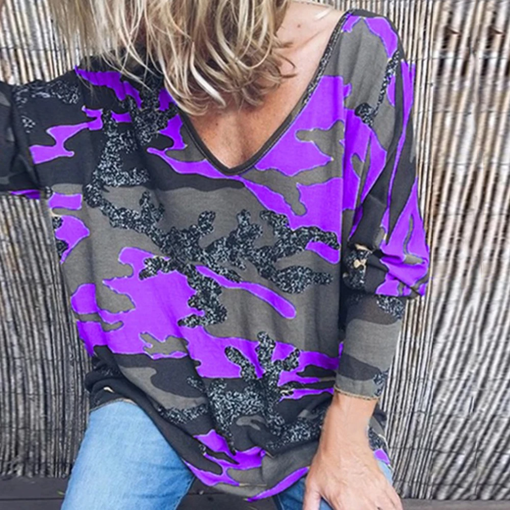 Осень 2020 свободные женские футболки с длинным рукавом камуфляжный принт
