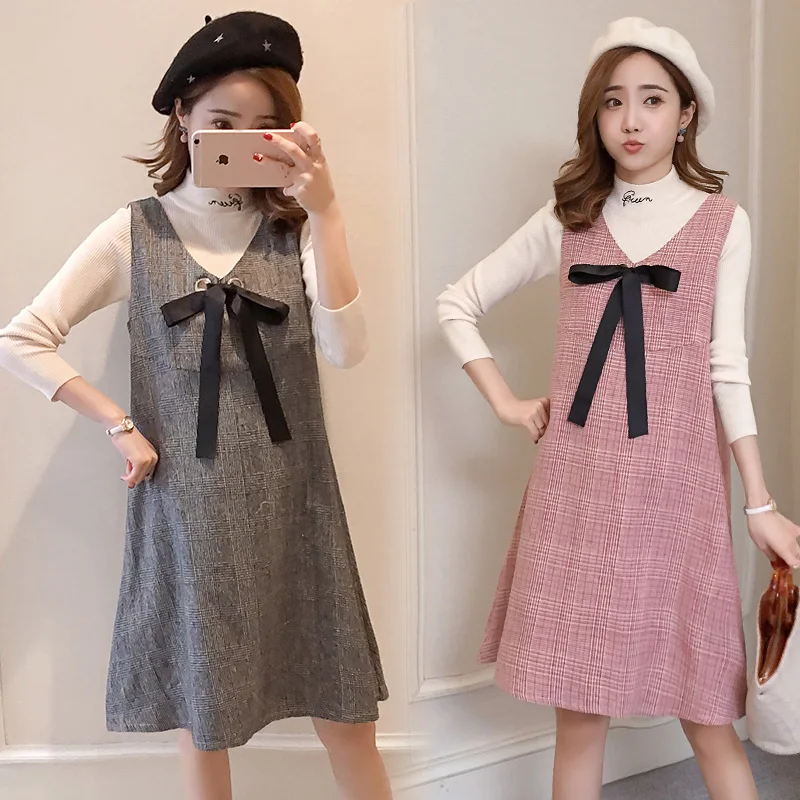 6596# 2PCS/Set Autumn Korean Fashion Maternity Dress Sweet Lovely Straight Loose Clothes for Pregnant Women Fall Pregnancy