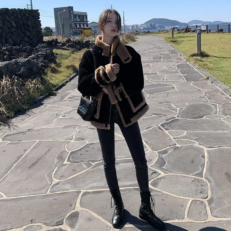 Vintage Faux Fur Coats Black Thick Lamb Fur Coats Streetwear Women Stand-up Collar Fur Cropped Jacket Corduroy Winter Clothes