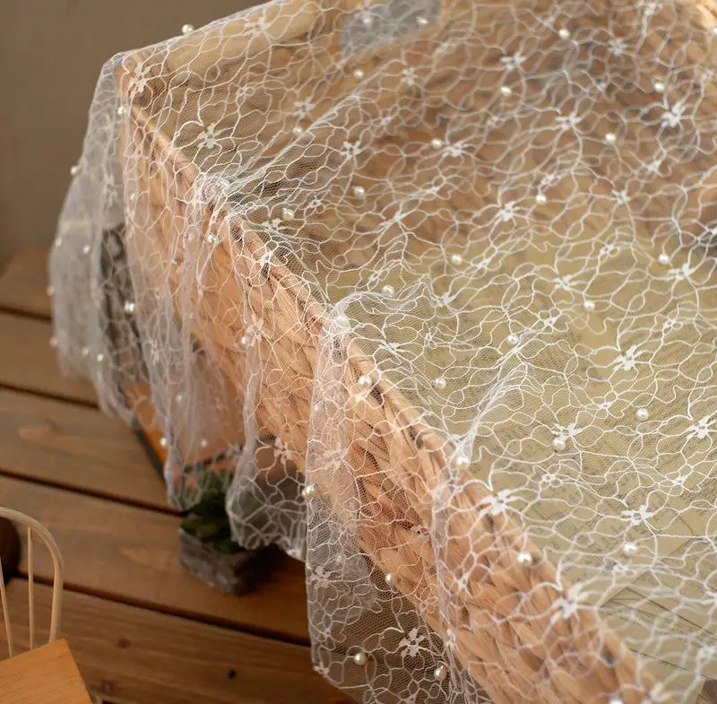 Белый жемчуг жаккардовая сетчатая кружевная ткань для девочек тюль платья