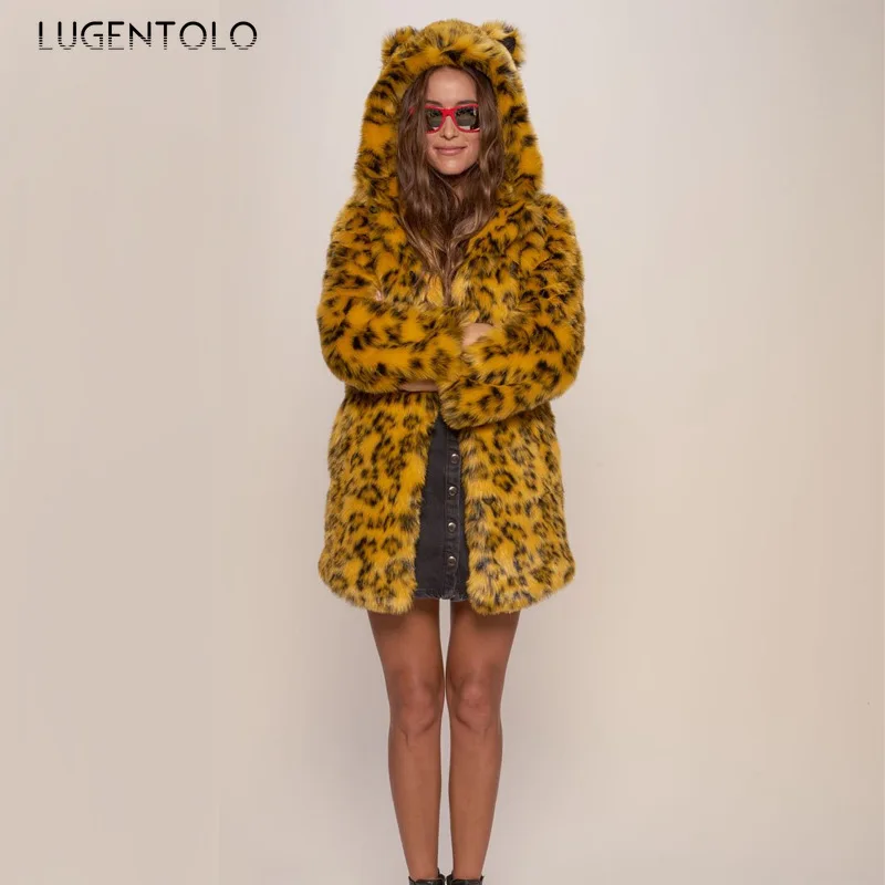 

Женское пальто с капюшоном из искусственного меха, модное зимнее теплое пальто в Корейском стиле с леопардовым принтом, женское повседневн...