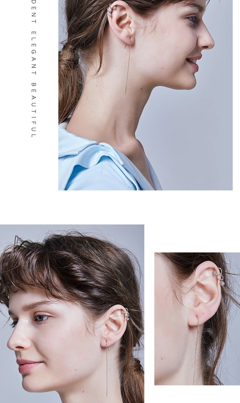 Authentic 18k Gold Chain Earring For Women Simple Style None Stone Rose Gold Color Ear Line Fashion Jewelry