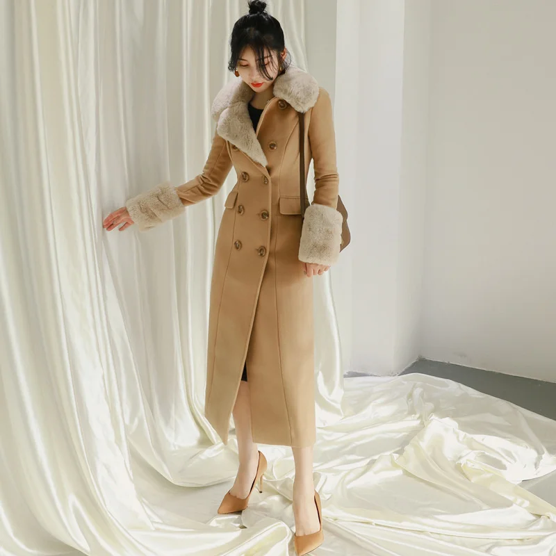 

Coat women's winter thick 2021 new women's temperament Lapel single breasted slim long woolen coat women 1429