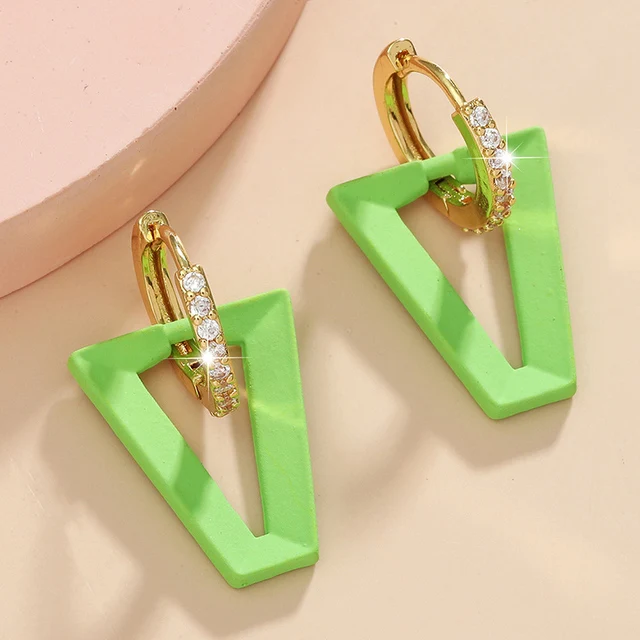

2Pcs Neon Green Fluorescent Pendant Triangle Earrings for women Geometric Fashion Female CZ Jewelry Gift Memorial Day Festival