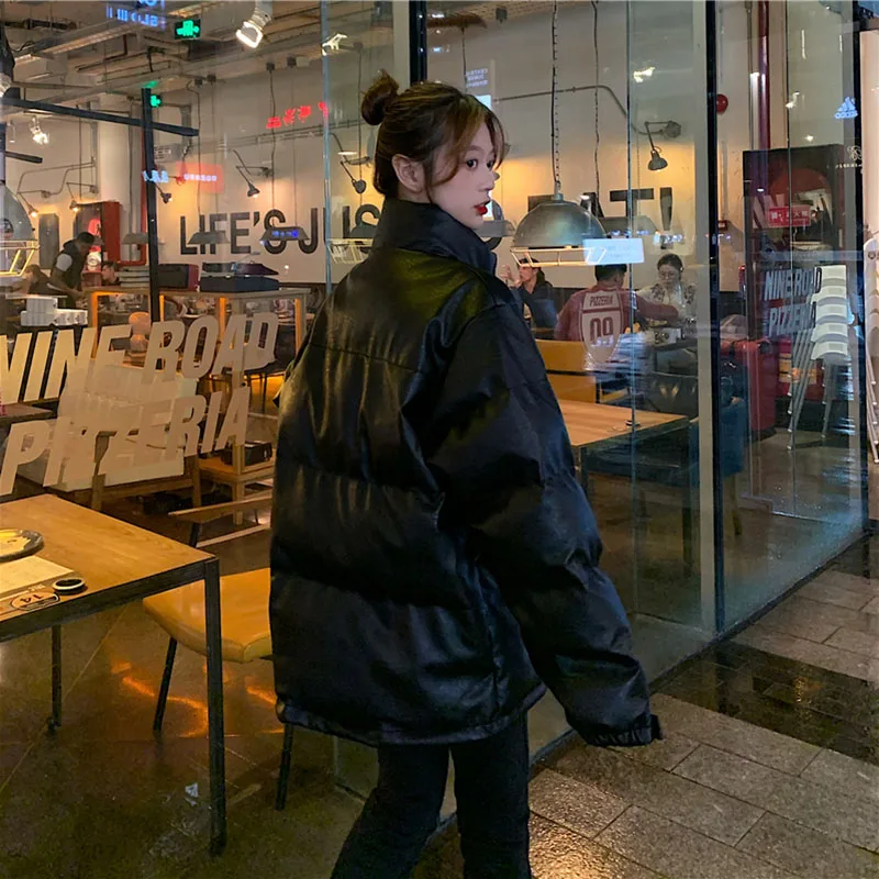 LDKVGSU Faux Leather Jacket Women Puffer Parka Black Bright Color Thick Korea Winter New Pu Oversized Coat Female Outerwear s971