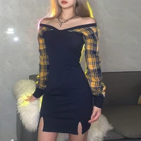 womans y2k dresses 2021 new collision color slim high waist fashion v neck plaid splicing dress card shoulder sexy black dresses