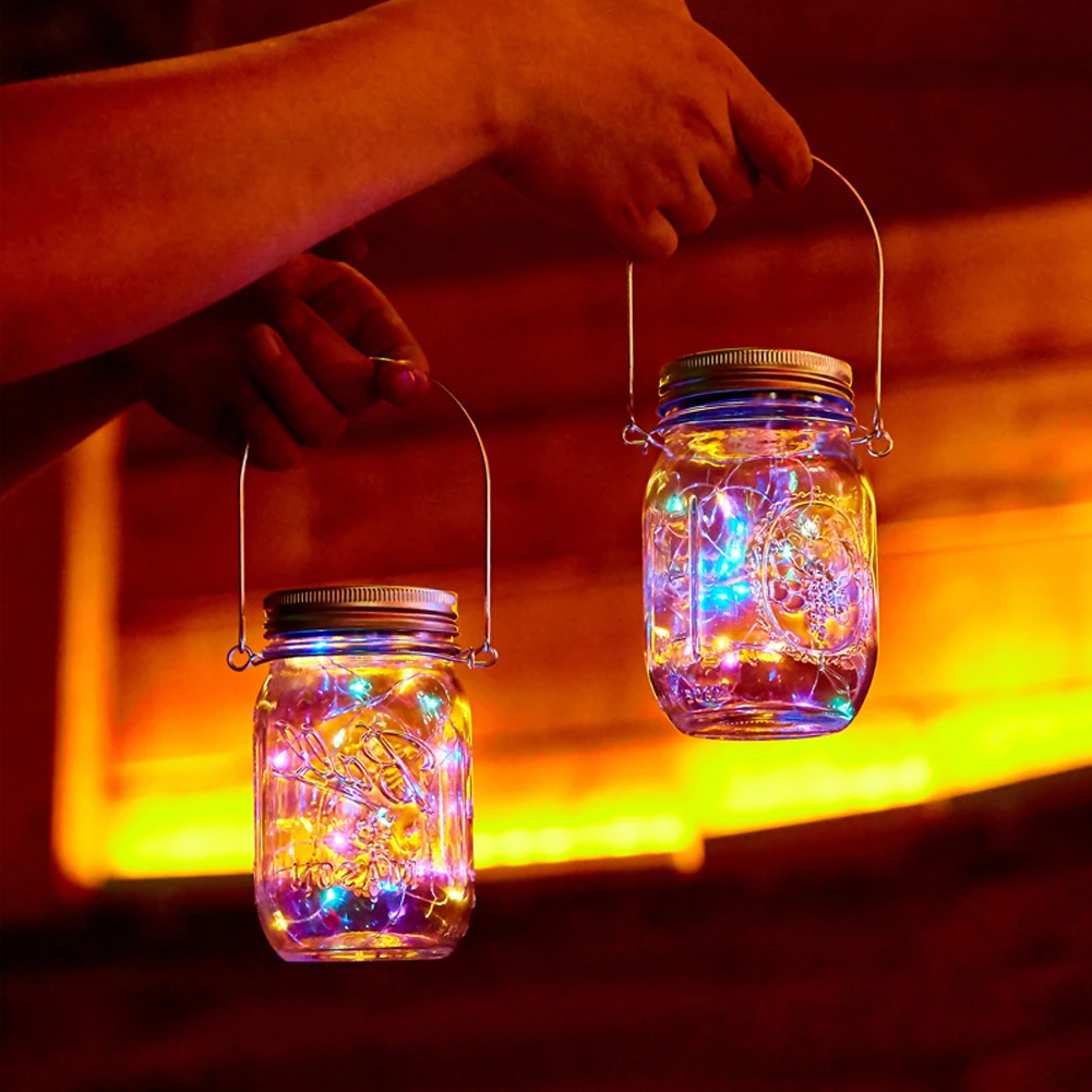 

Solar Mason Jar Lights Outdoor 20LEDS Hanging Lantern String Lamp With Lid Handle Decoration For Garden Colorful Street Light 2m