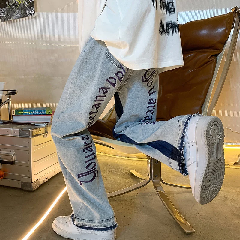 Jeans men's spring and autumn fashion brand hiphop high street burr straight pants loose hip hop dad streetwear denim | Мужская