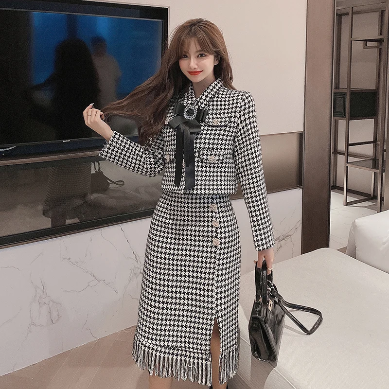 

Autumn Winter Women Set Fashion Slim Plaid Thick Woolen cloth Two piece set High waist Short jacket and skirt 2020 HOT
