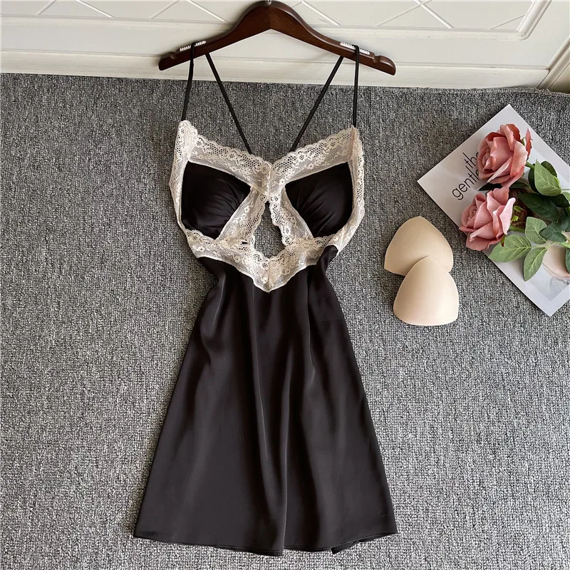 

Women Backless Nightgown Faux Silk Spaghetti Strap Sleewpear Summer Mini Sleep Dress Sexy Lace Nightdress Sleeveless Nightwear