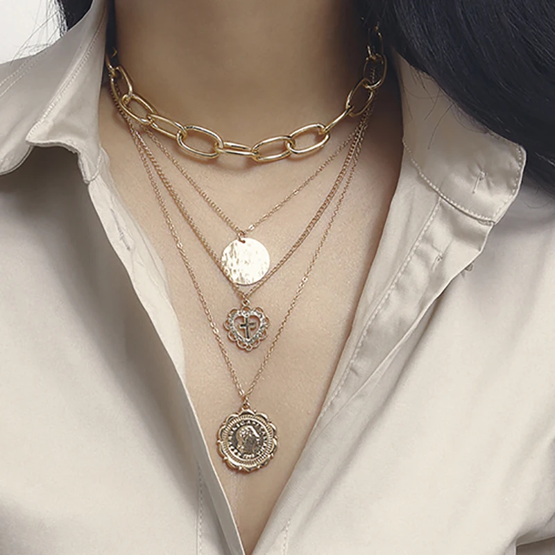 ZHINI 2019 золото Цвет Круглый блесток монета ожерелье с кулоном двойным цепи