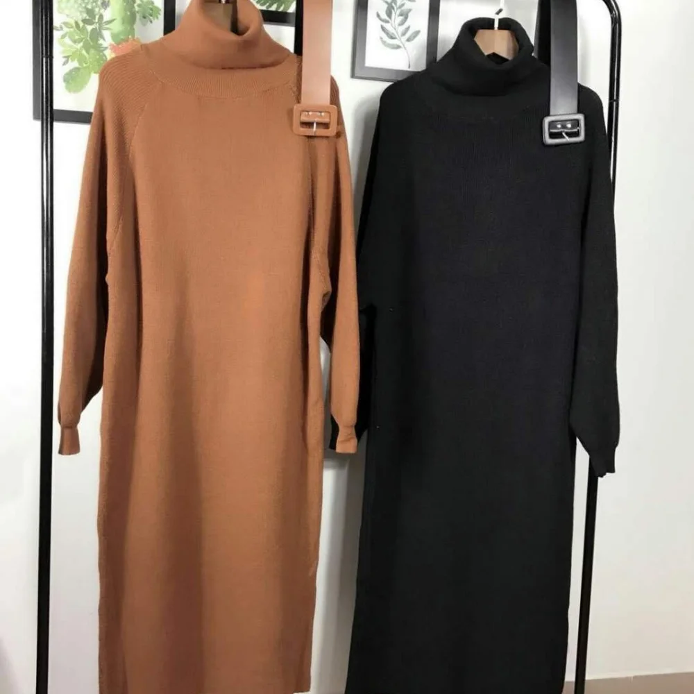 

2020 Drop Ship Winter Female Sweater Dress Women Pullover Turtleneck Long Sleeves Warm Slim Sweater Knitted Dress With Belt