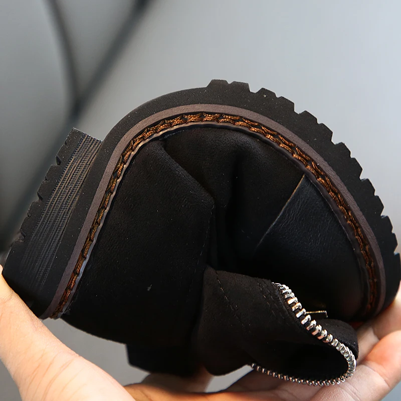 Детская обувь черные сапоги для девочек Однотонные теплые зимние до колена