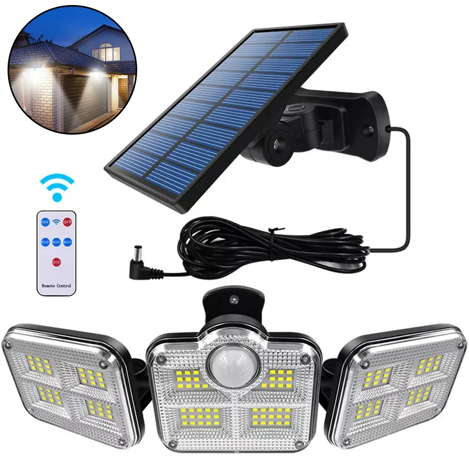 

171 LED Solar Lights Outdoor 3 Head Motion Sensor 270 Wide Angle Illumination Waterproof Remote Control Wall Lamp with Remote