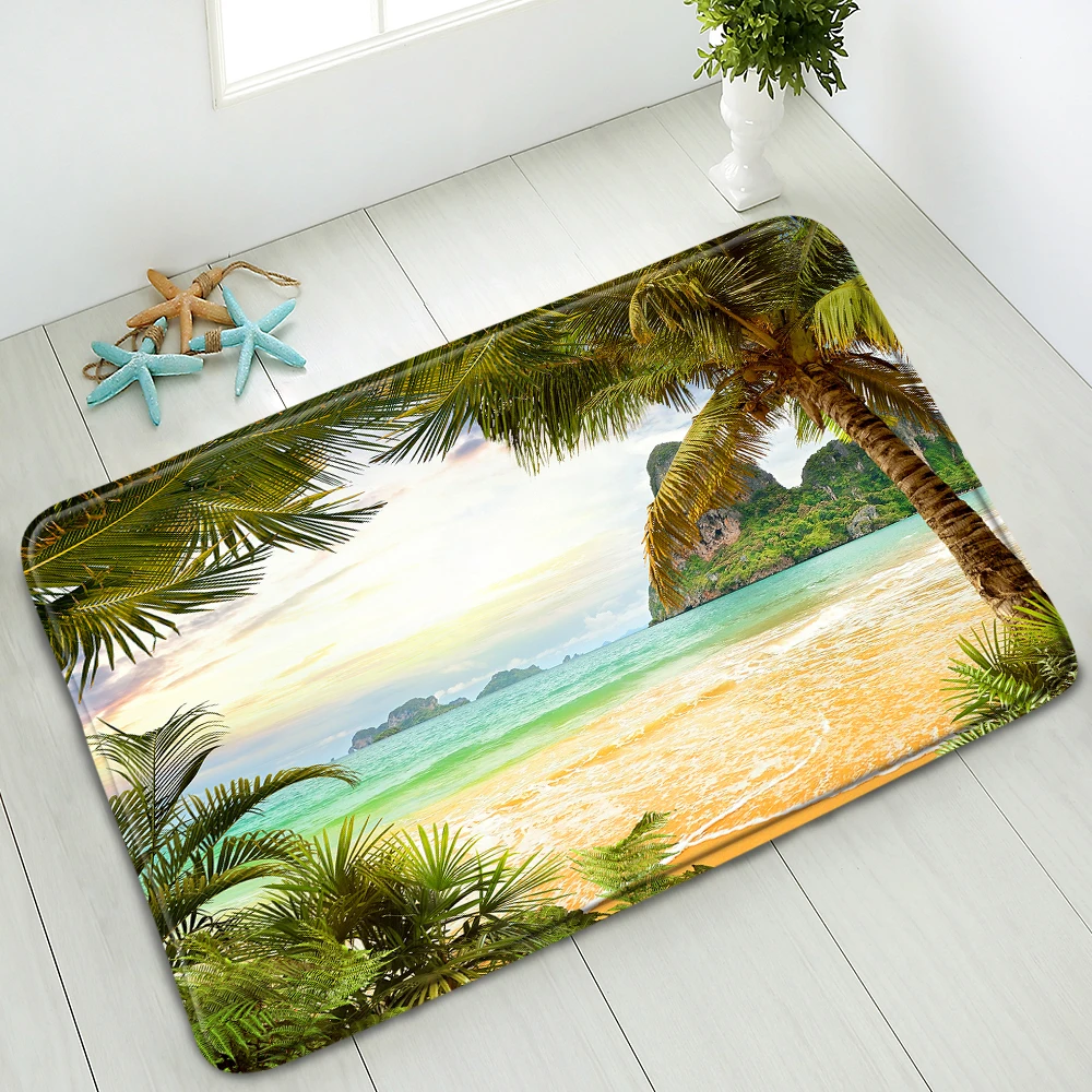 

Ocean Beach Bath Mat Plant Boat Summer Scenery Kitchen Living Room Door Mats Water Absorption Balcony Corridor Non-Slip Carpet
