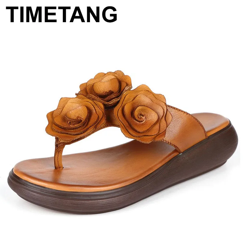 

TIMETANG2020 New Classic Flower Flip Flop Women Summer Sandals Genuine Leather Flat Wedge Slippers Soft Comfortable Shoes Women